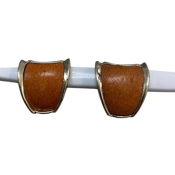 Vintage Gold-Tone & Orange Clip-On Earrings With Shiny Enamel Finish For Women - Picture 1 of 4